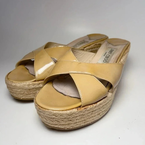 Jimmy Choo Womens Size 39 Criss Cross Patent Leather Wedge Espadrilles Sandal - Picture 3 of 14